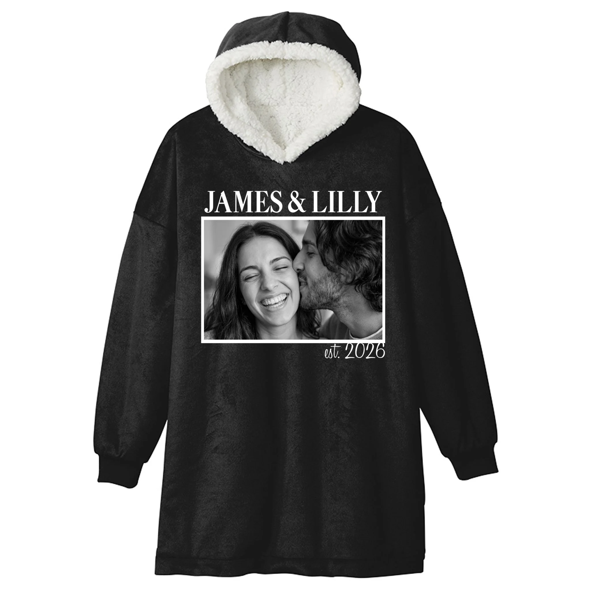 Personalized Couple Gift with Custom Photo Hooded Blanket Vintage Style Engagement or Anniversary Gift - Front