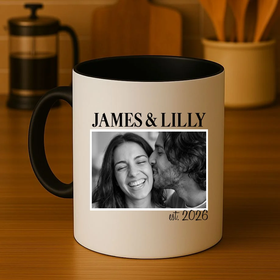 Personalized Couple Gift with Custom Photo Coffee Mug Vintage Style Engagement or Anniversary Gift - Front 3