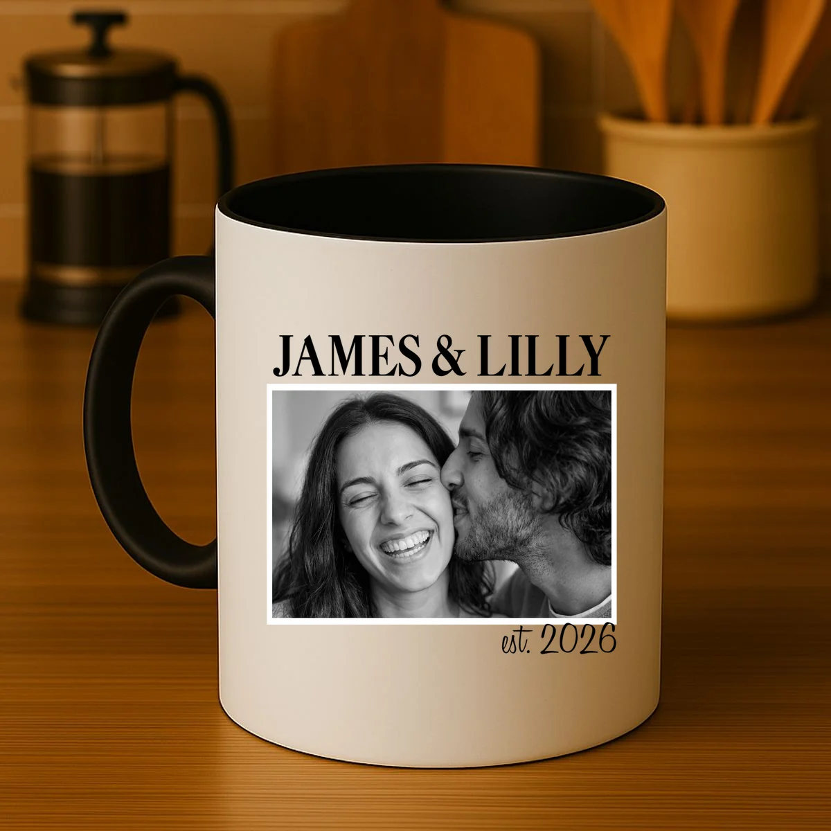 Personalized Couple Gift with Custom Photo Coffee Mug Vintage Style Engagement or Anniversary Gift - Front 3