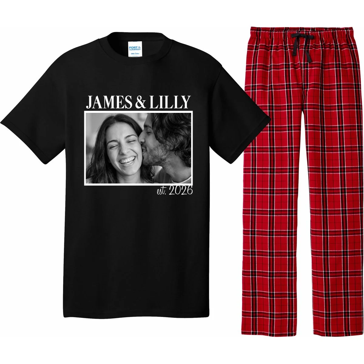 Personalized Couple Gift with Custom Photo Pajama Set Vintage Style Engagement or Anniversary Gift - Front