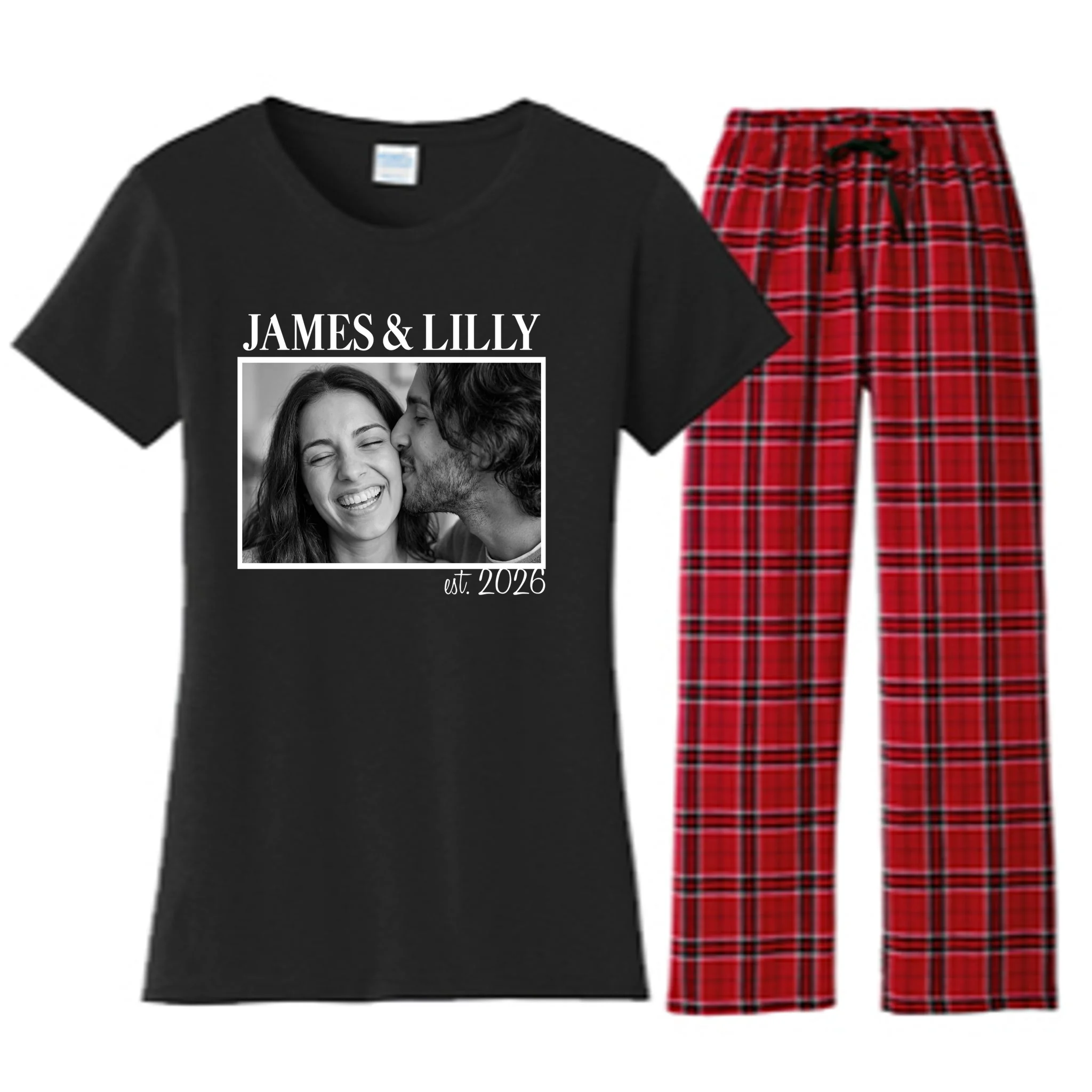 Personalized Couple Gift with Custom Photo Women's Flannel Pajama Set Vintage Style Engagement or Anniversary Gift - Front
