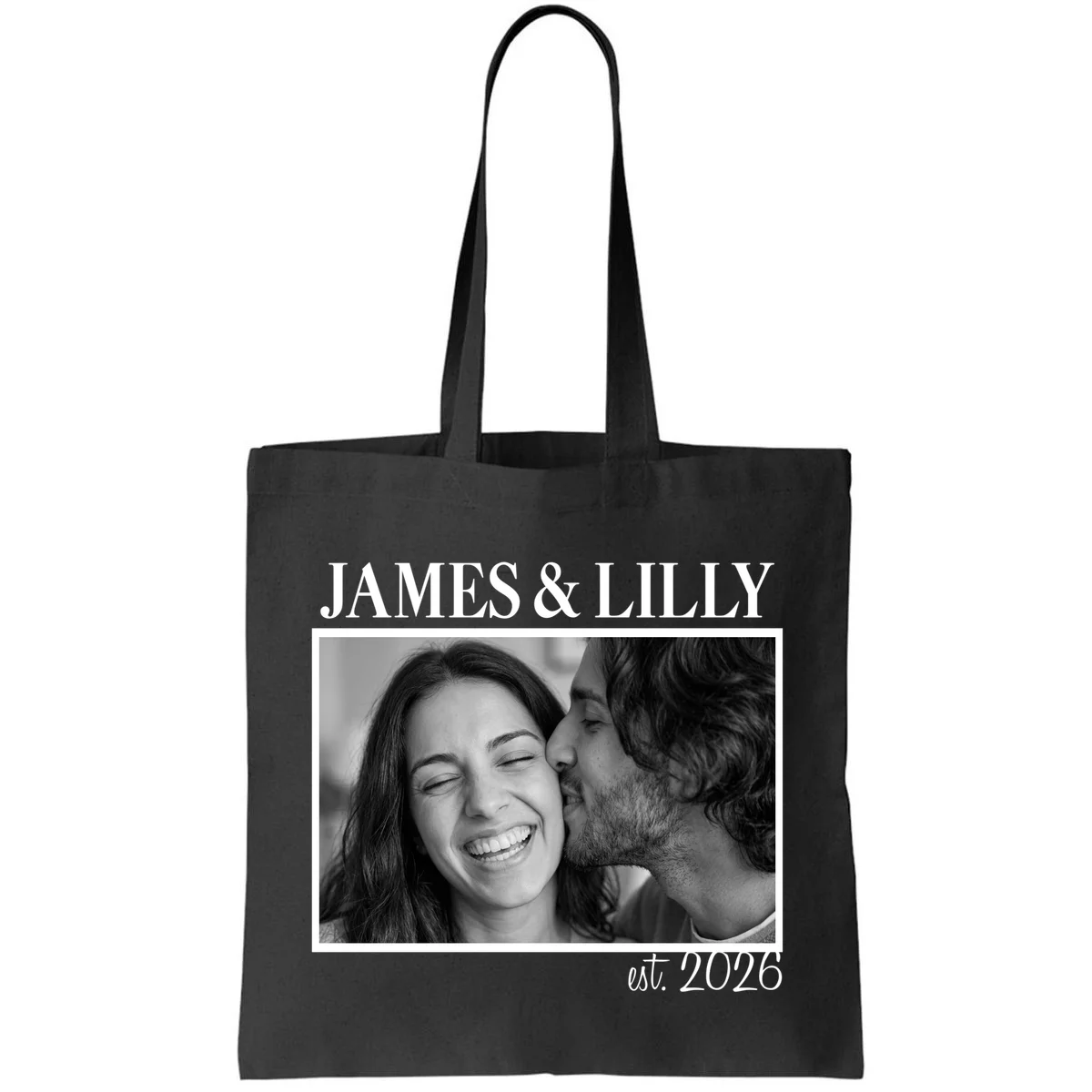 Personalized Couple Gift with Custom Photo Tote Bag Vintage Style Engagement or Anniversary Gift - Front