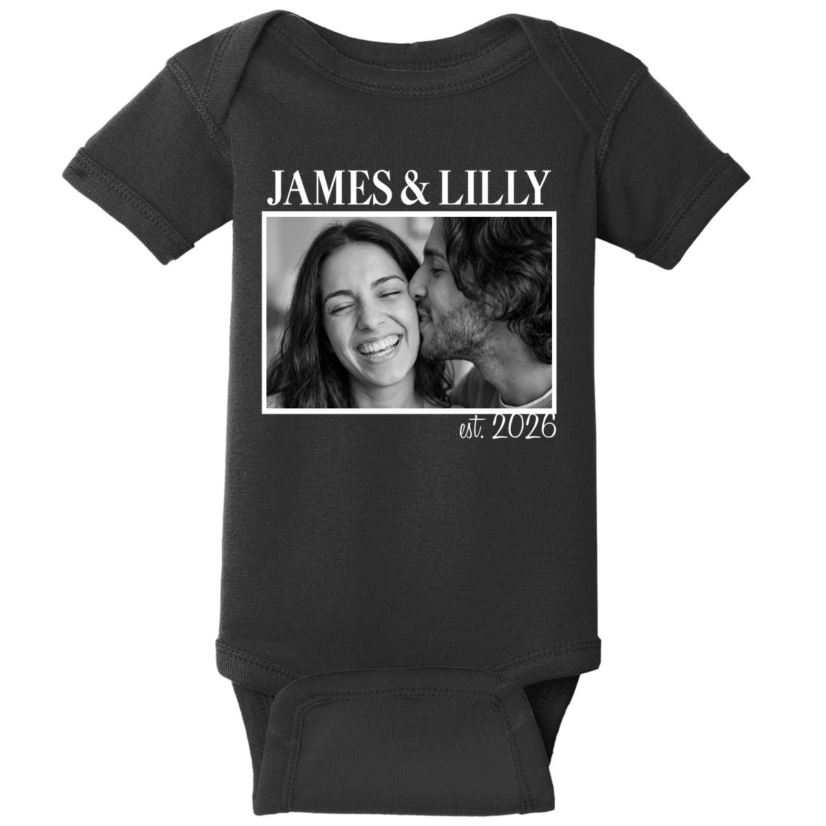Personalized Couple Gift with Custom Photo Baby Bodysuit Vintage Style Engagement or Anniversary Gift - Front