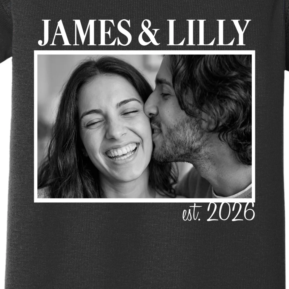 Personalized Couple Gift with Custom Photo Baby Bodysuit Vintage Style Engagement or Anniversary Gift - Front - Close-up