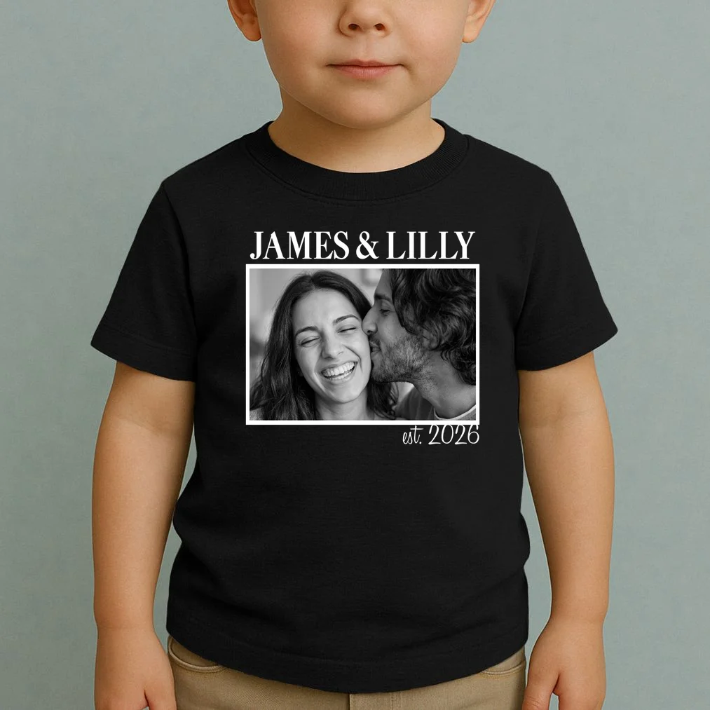 Personalized Couple Gift with Custom Photo Toddler T-Shirt Vintage Style Engagement or Anniversary Gift - Front 1