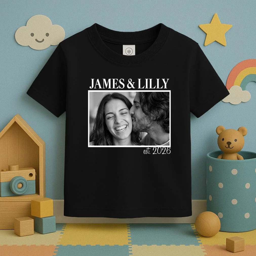 Personalized Couple Gift with Custom Photo Toddler T-Shirt Vintage Style Engagement or Anniversary Gift - Front 2