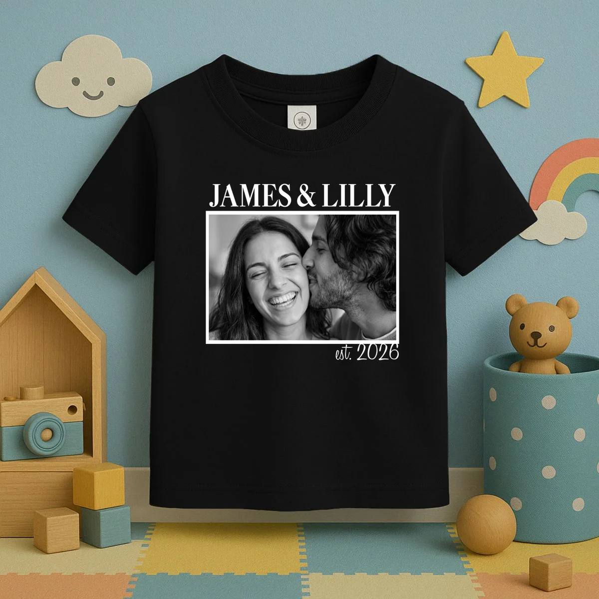 Personalized Couple Gift with Custom Photo Toddler T-Shirt Vintage Style Engagement or Anniversary Gift - Front 2