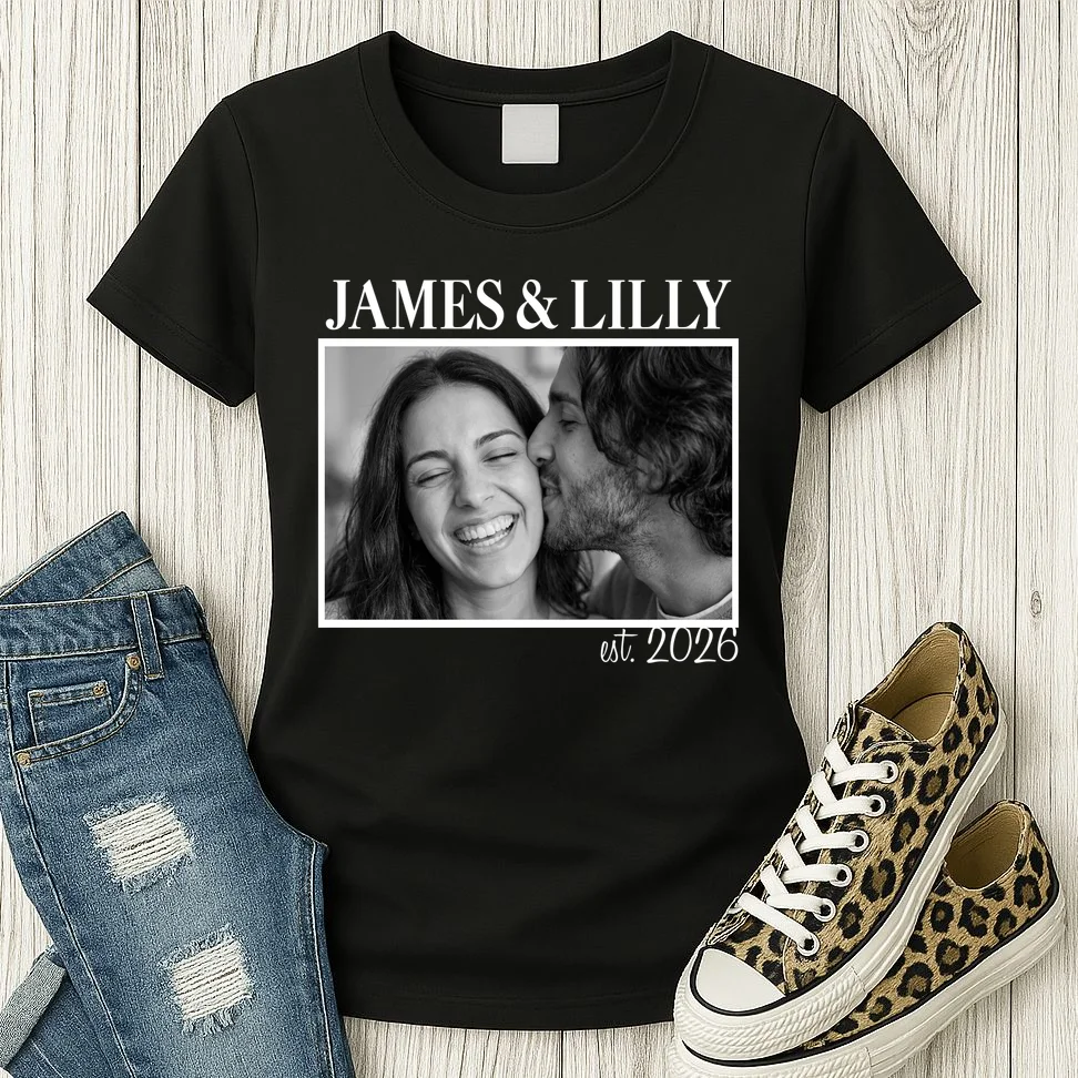 Personalized Couple Gift with Custom Photo Women's T-Shirt Vintage Style Engagement or Anniversary Gift - Front 2