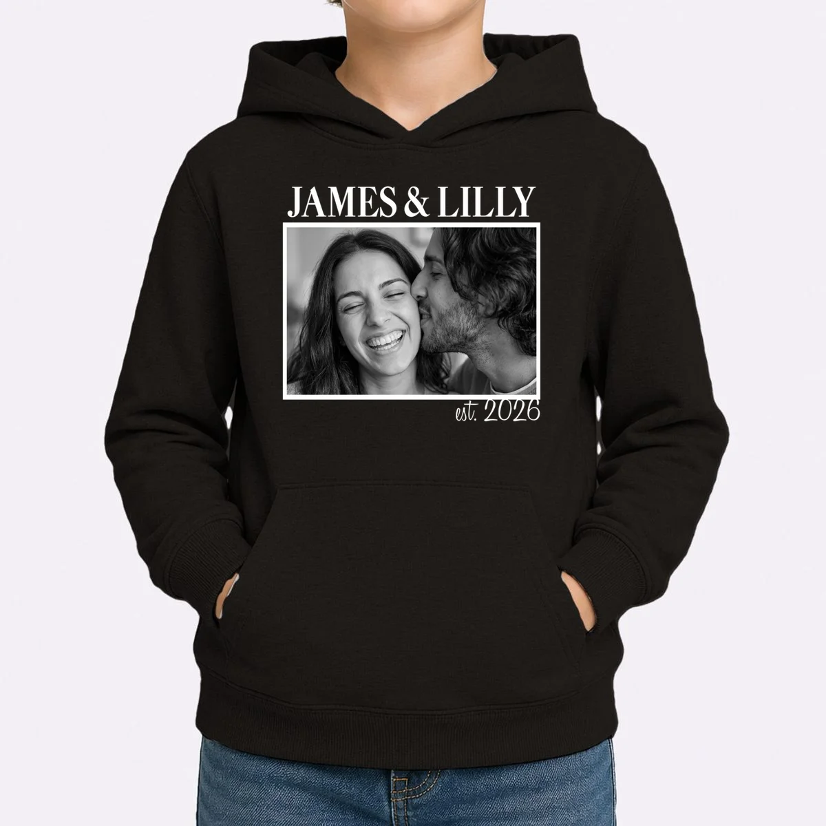 Personalized Couple Gift with Custom Photo Kids Hoodie Vintage Style Engagement or Anniversary Gift - Front 1