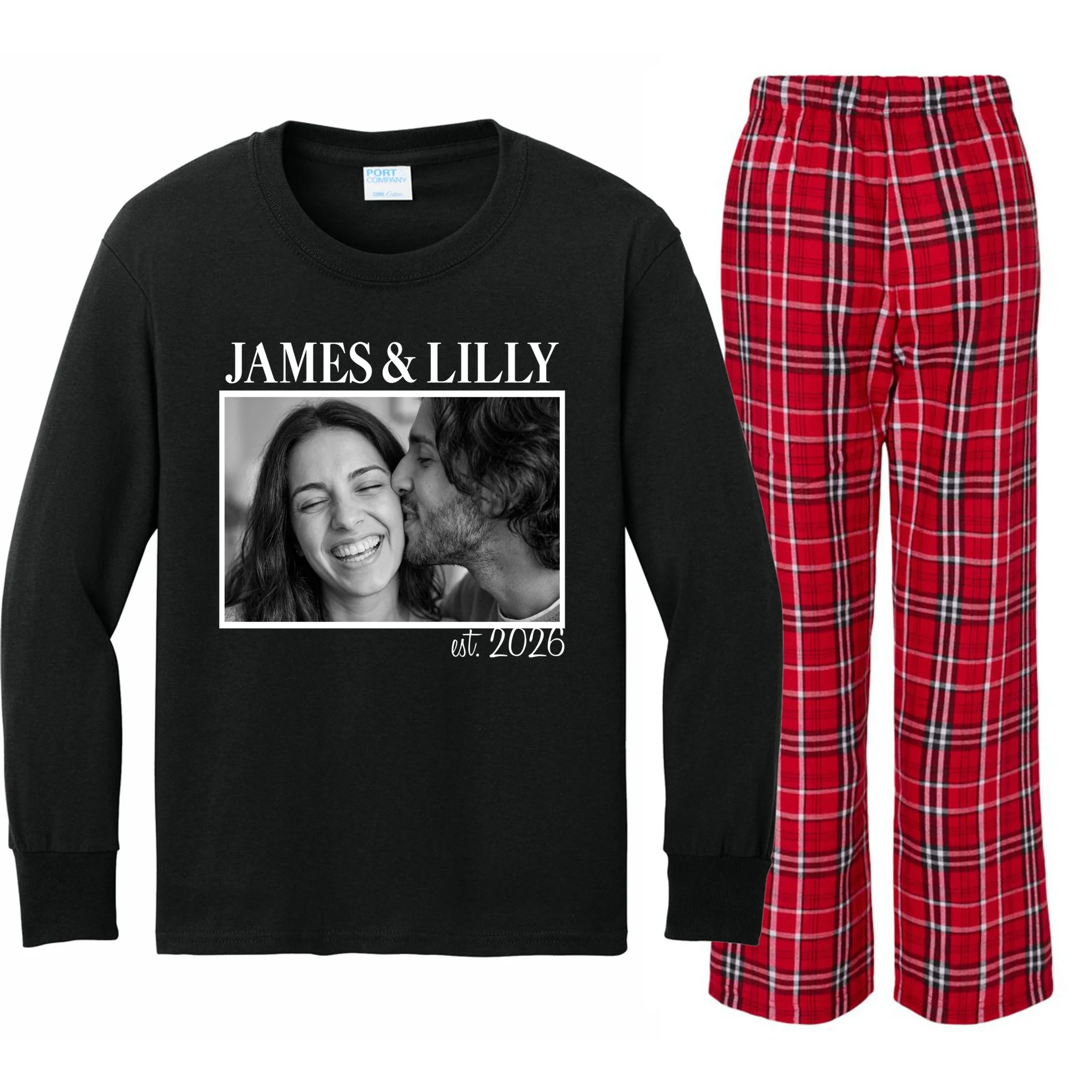 Personalized Couple Gift with Custom Photo Kids Long Sleeve Pajamas Vintage Style Engagement or Anniversary Gift - Front