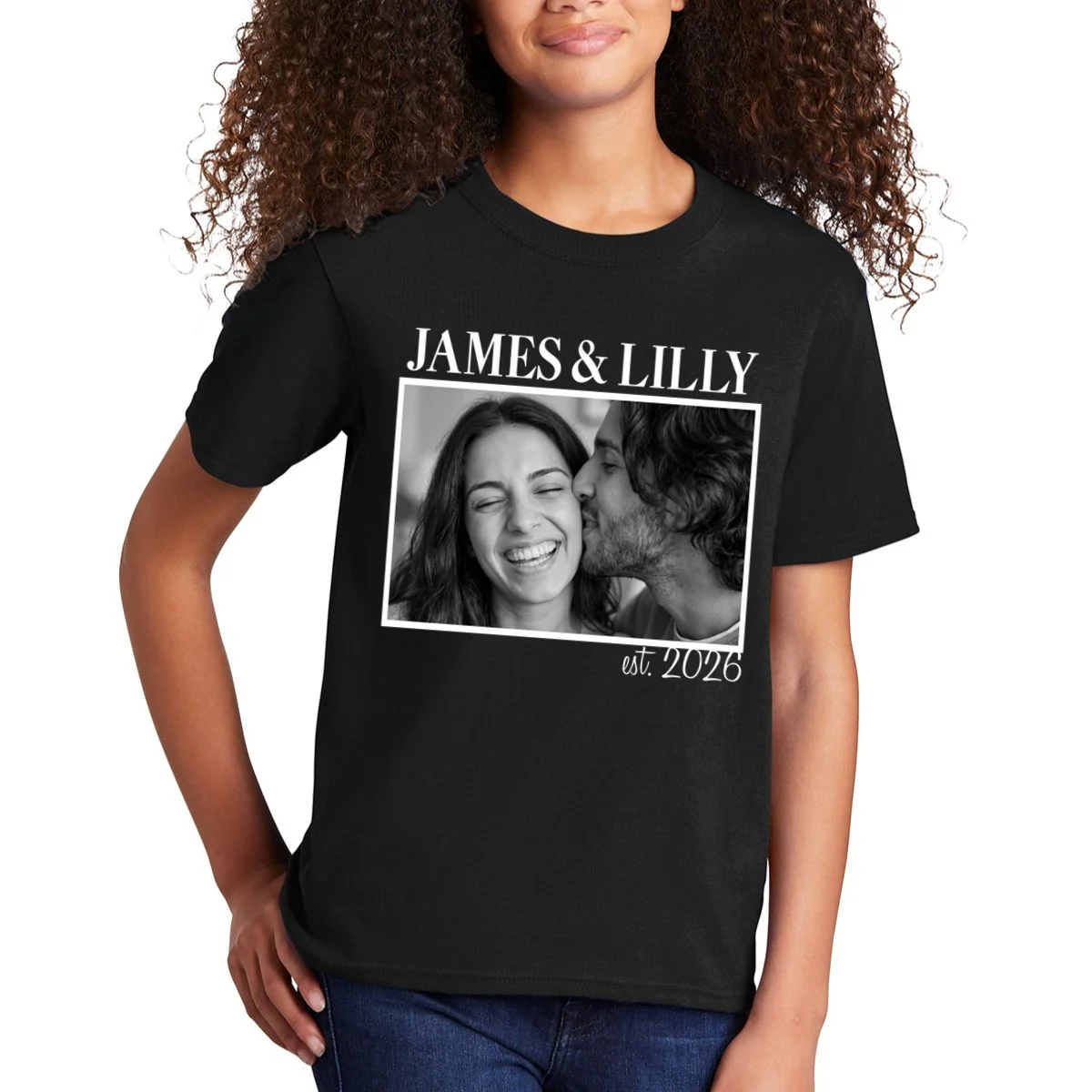 Personalized Couple Gift with Custom Photo Kids T-Shirt Vintage Style Engagement or Anniversary Gift - Front 1