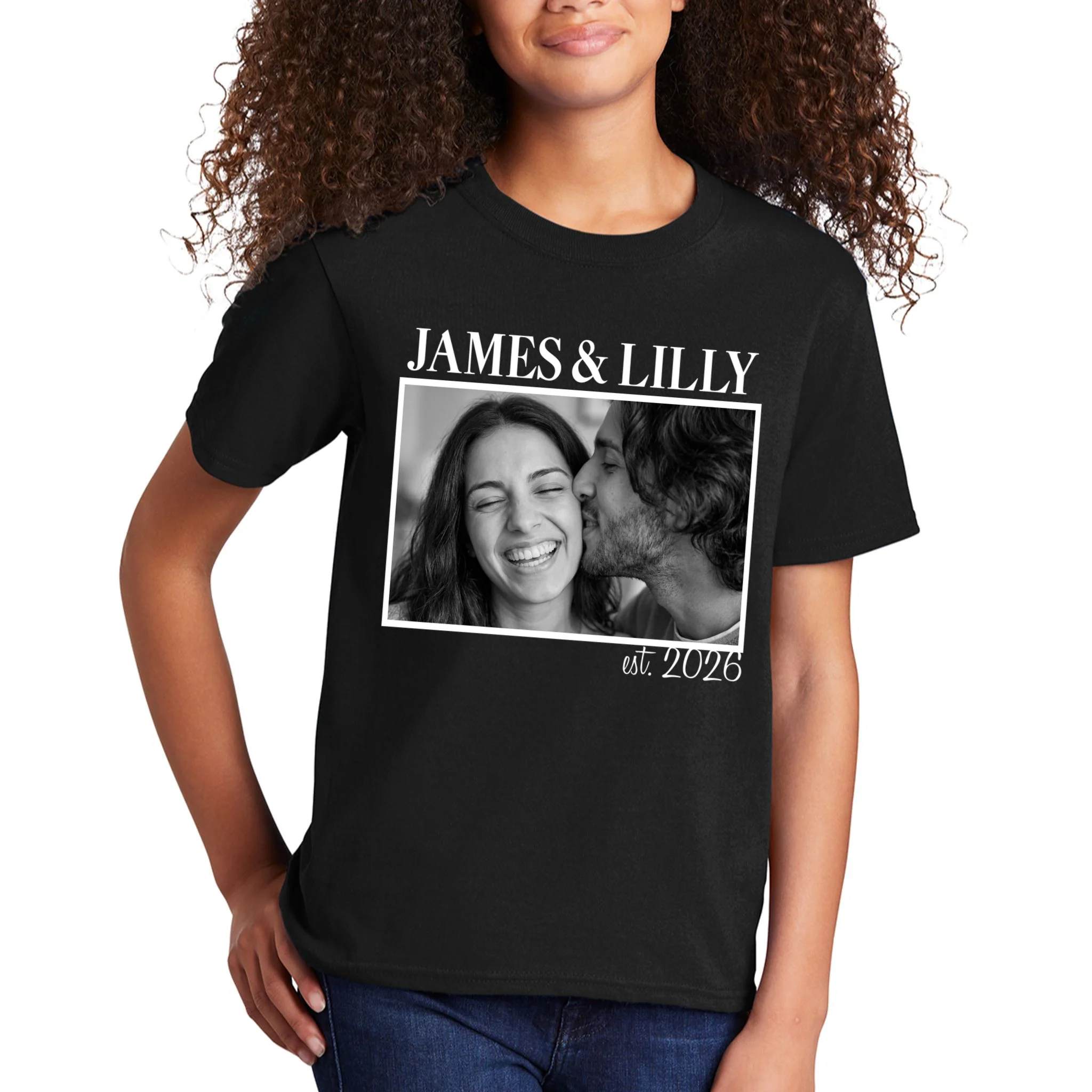 Personalized Couple Gift with Custom Photo Kids T-Shirt Vintage Style Engagement or Anniversary Gift - Front 1