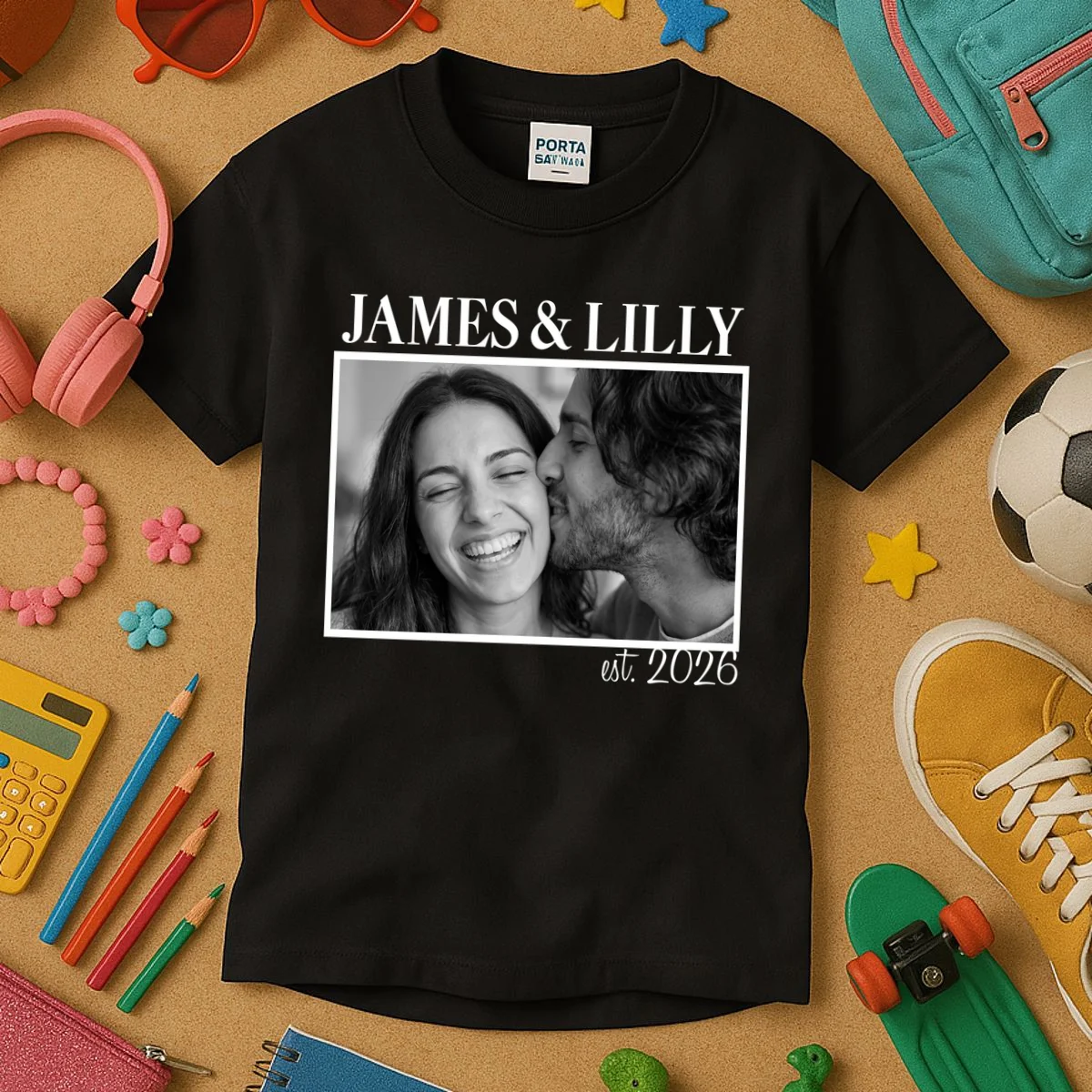 Personalized Couple Gift with Custom Photo Kids T-Shirt Vintage Style Engagement or Anniversary Gift - Front 2