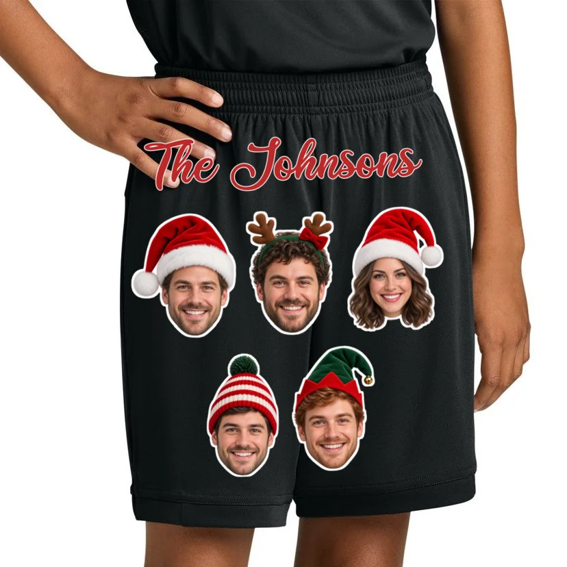 Personalized Christmas Hat Family Faces Kids Shorts - Custom Photo & Name - Front 1
