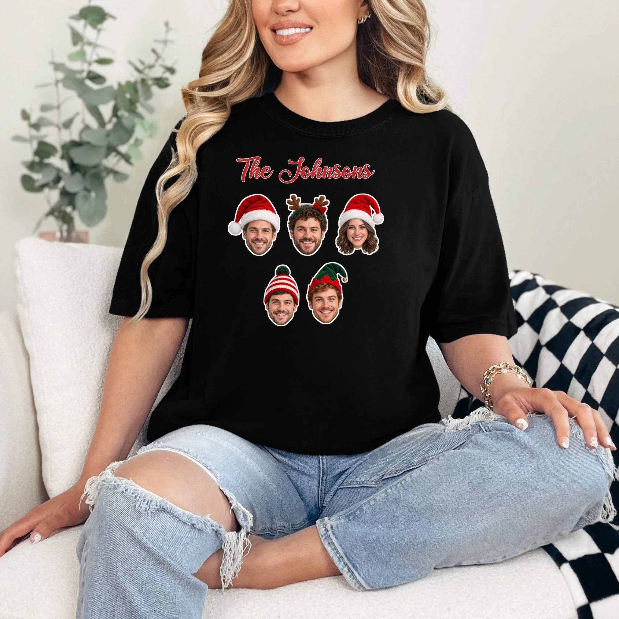 Personalized Christmas Hat Family Faces Comfort Colors Unisex T-Shirt - Custom Photo & Name - Front 1