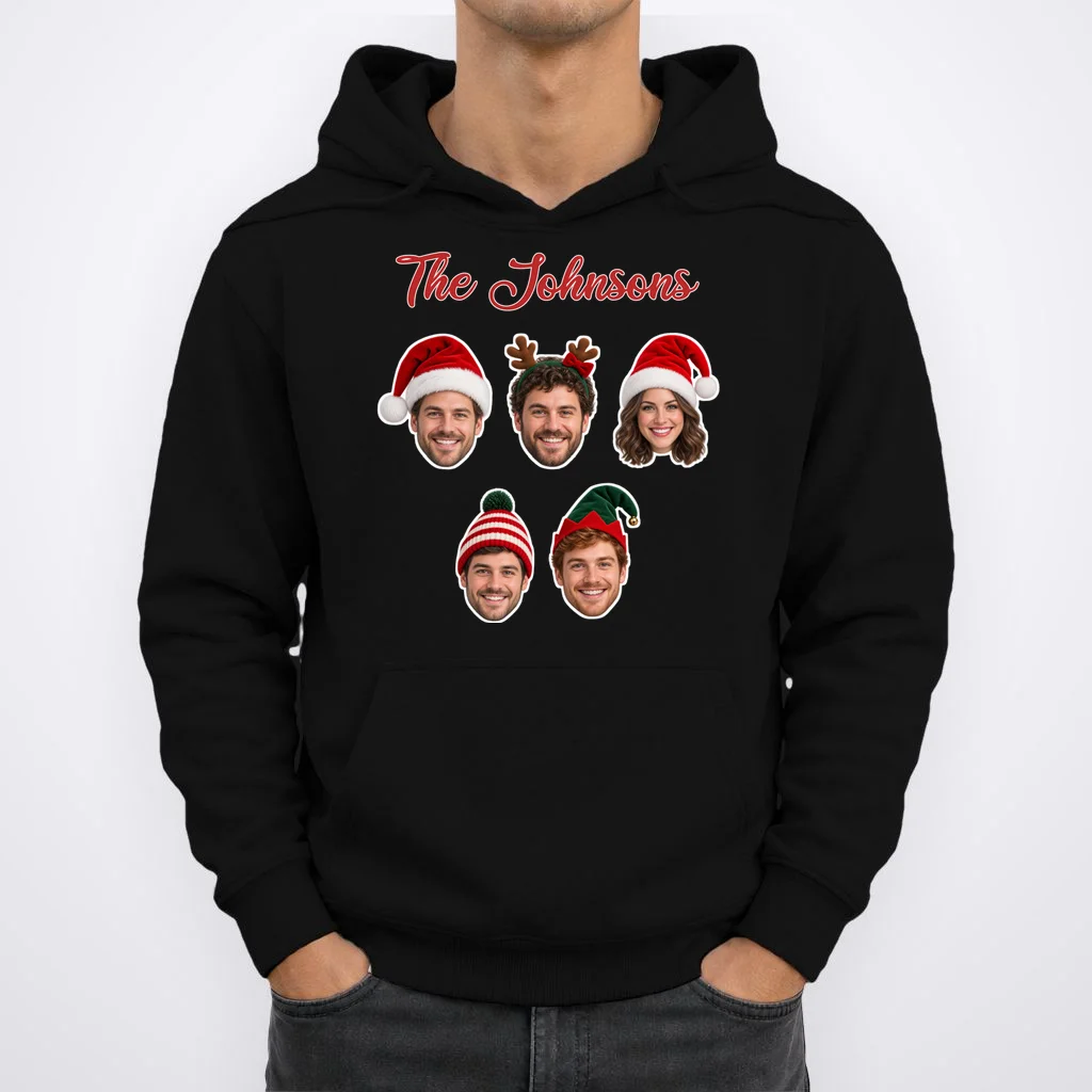 Personalized Christmas Hat Family Faces Men's Hoodie - Custom Photo & Name - Front 1