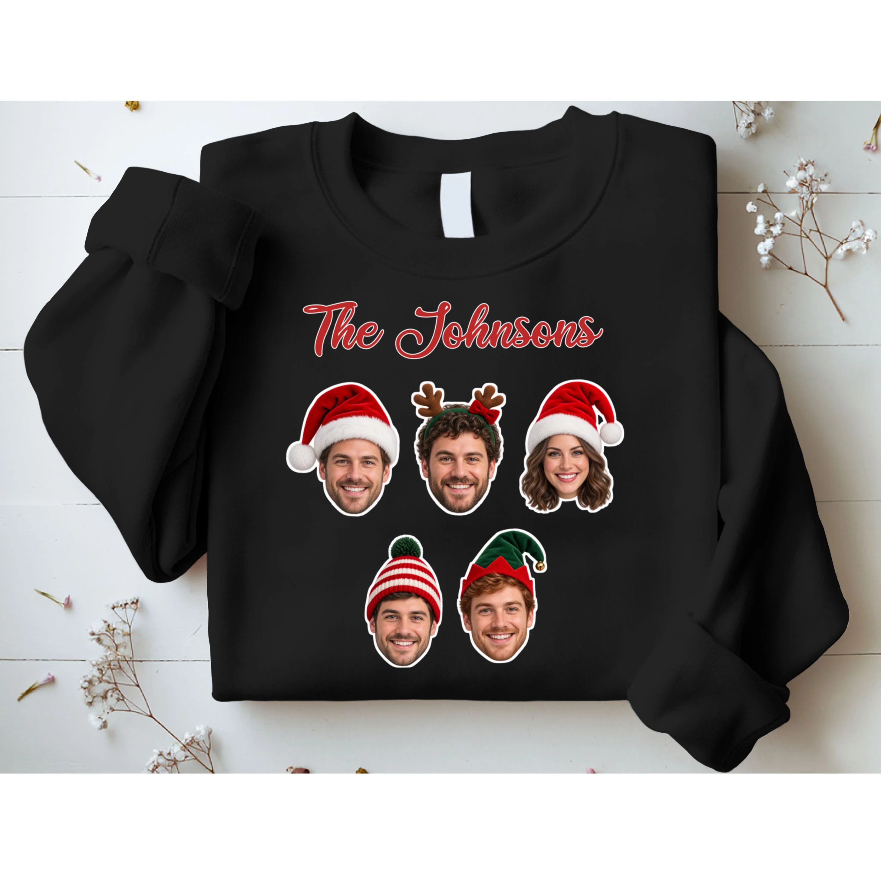 Personalized Christmas Hat Family Faces Men's Sweatshirt - Custom Photo & Name - Front 1