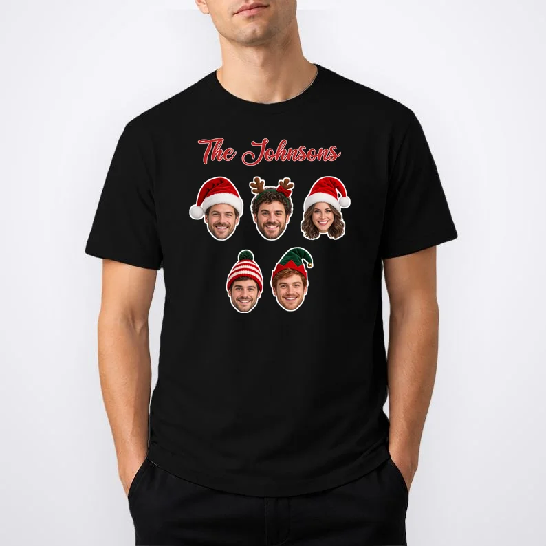 Personalized Christmas Hat Family Faces Men's T-Shirt - Custom Photo & Name - Front 1