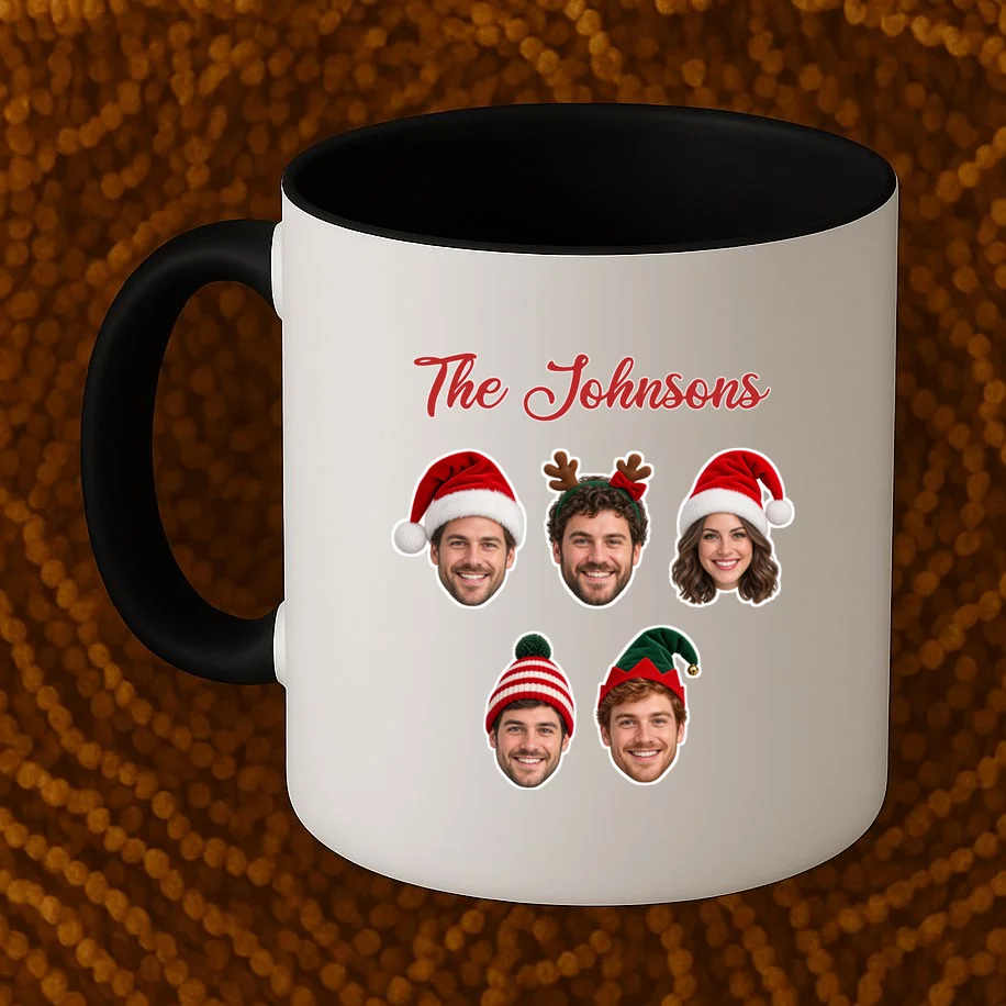 Personalized Christmas Hat Family Faces Mug - Custom Photo & Name - Front 1