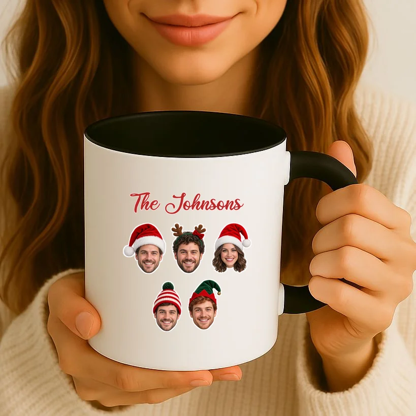 Personalized Christmas Hat Family Faces Mug - Custom Photo & Name - Front 2