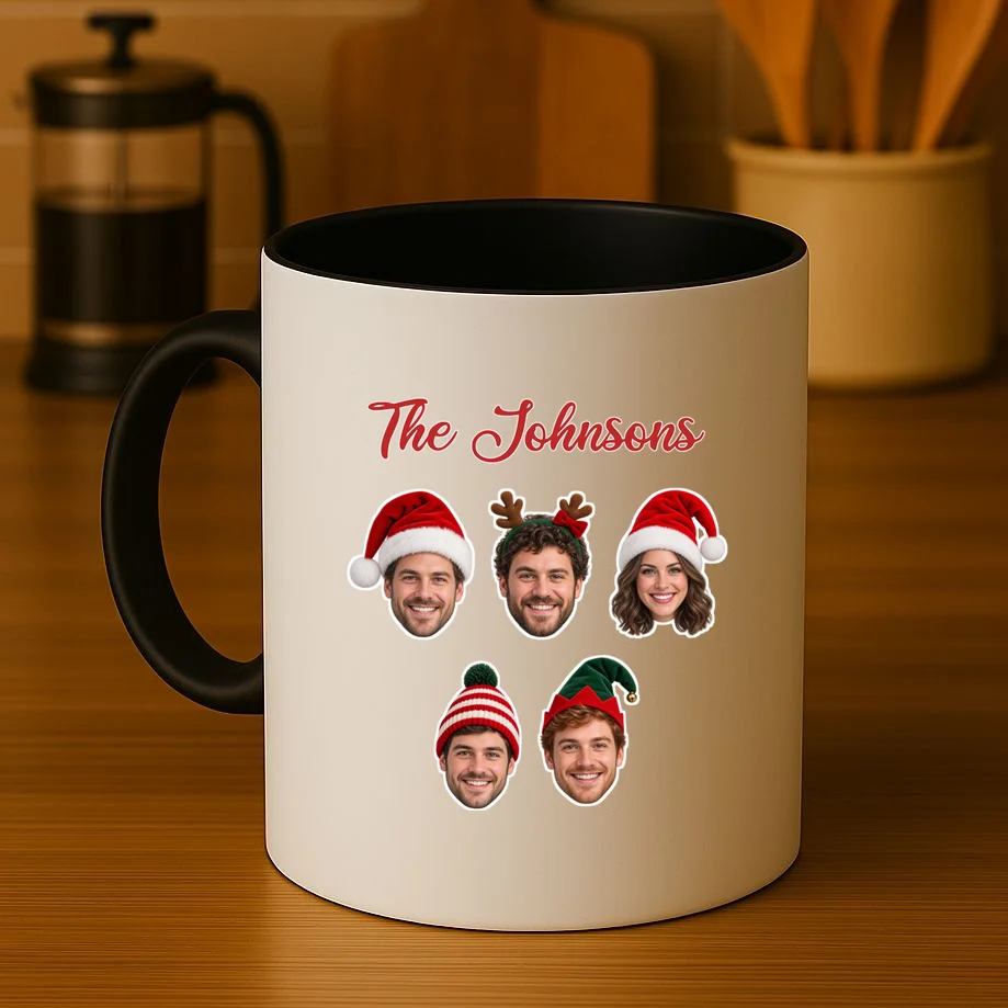 Personalized Christmas Hat Family Faces Mug - Custom Photo & Name - Front 3