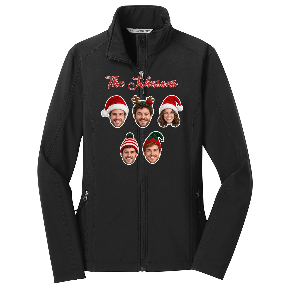 Personalized Christmas Hat Family Faces Women's Soft Jacket - Custom Photo & Name Front