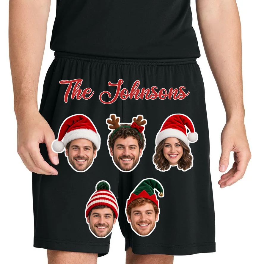 Personalized Christmas Hat Family Faces Men's Shorts - Custom Photo & Name - Front 1
