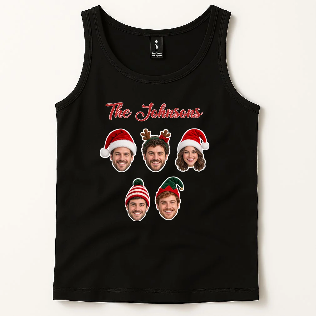 Personalized Christmas Hat Family Faces Men's Tank Top - Custom Photo & Name - Front 1
