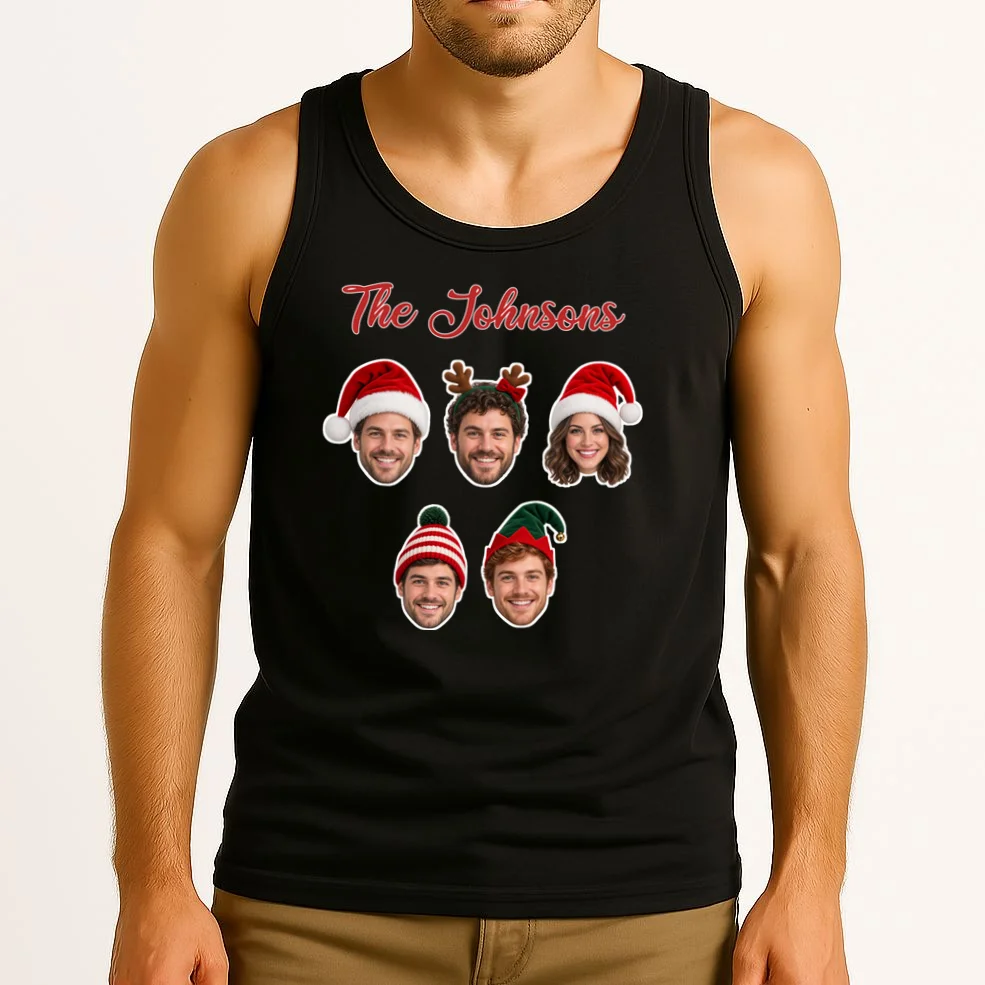 Personalized Christmas Hat Family Faces Men's Tank Top - Custom Photo & Name - Front 2