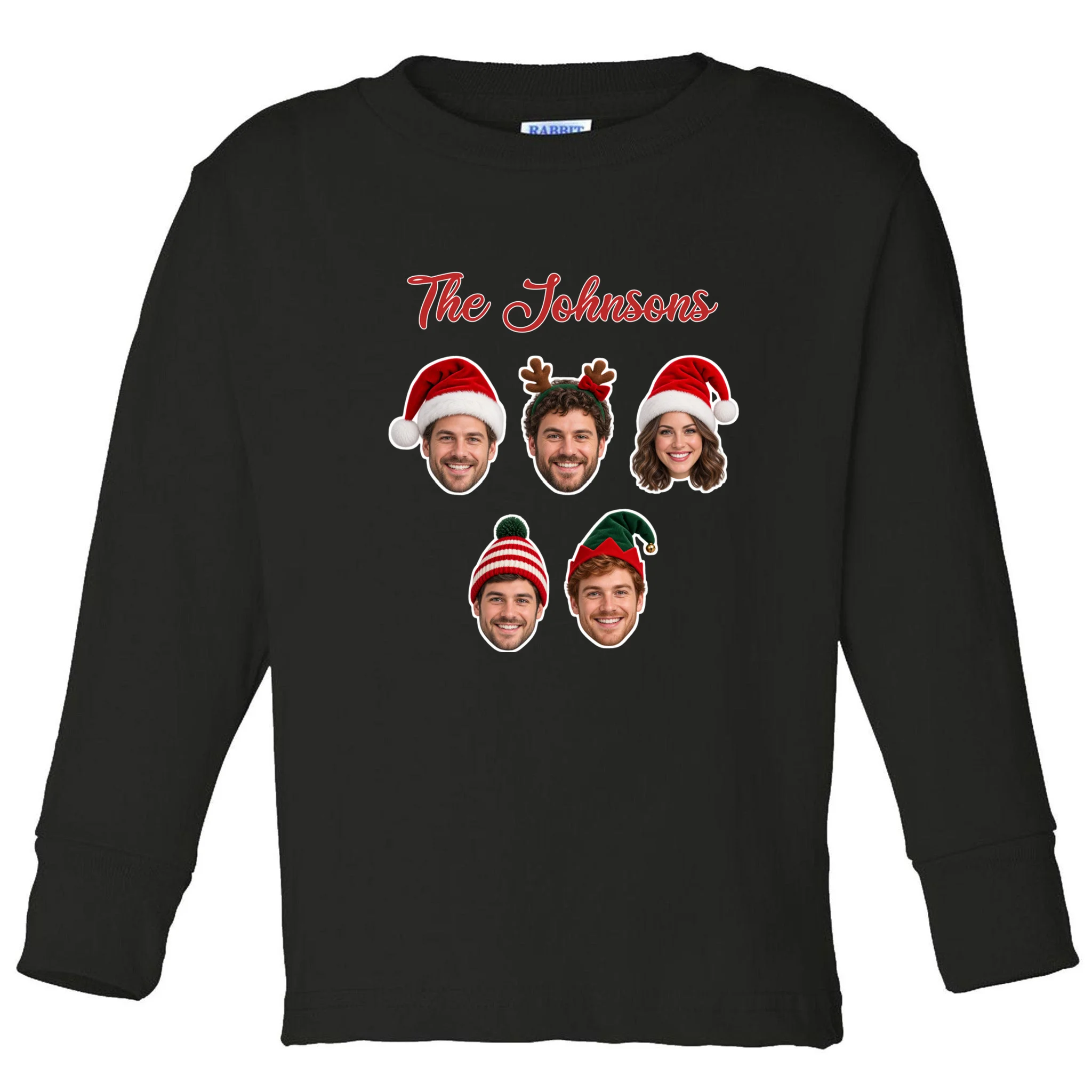 Personalized Christmas Hat Family Faces Toddler Long Sleeve Shirt - Custom Photo & Name Front