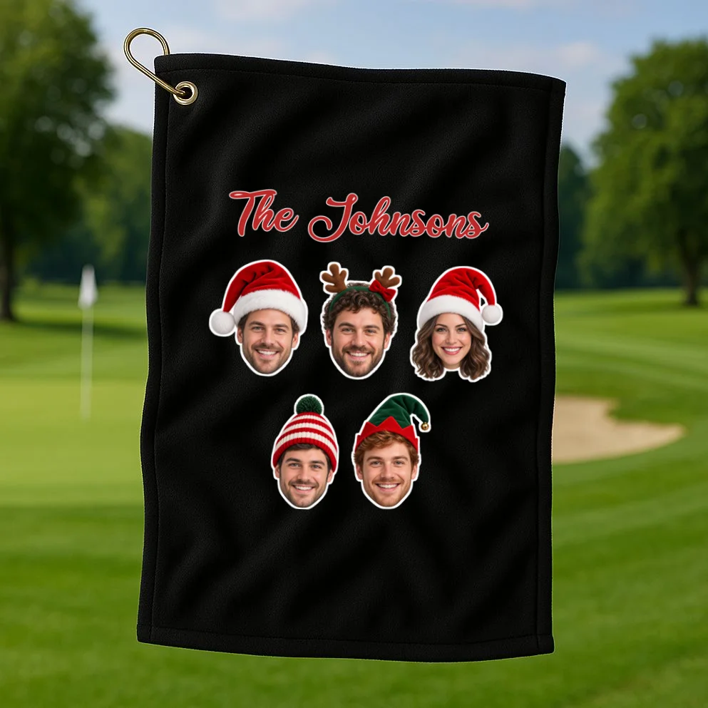 Personalized Christmas Hat Family Faces Golf Towel - Custom Photo & Name - Front 1
