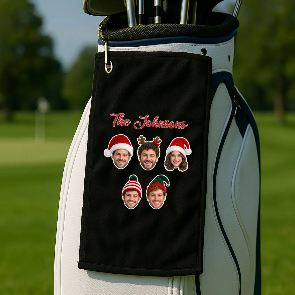 Personalized Christmas Hat Family Faces Golf Towel - Custom Photo & Name - Front 2