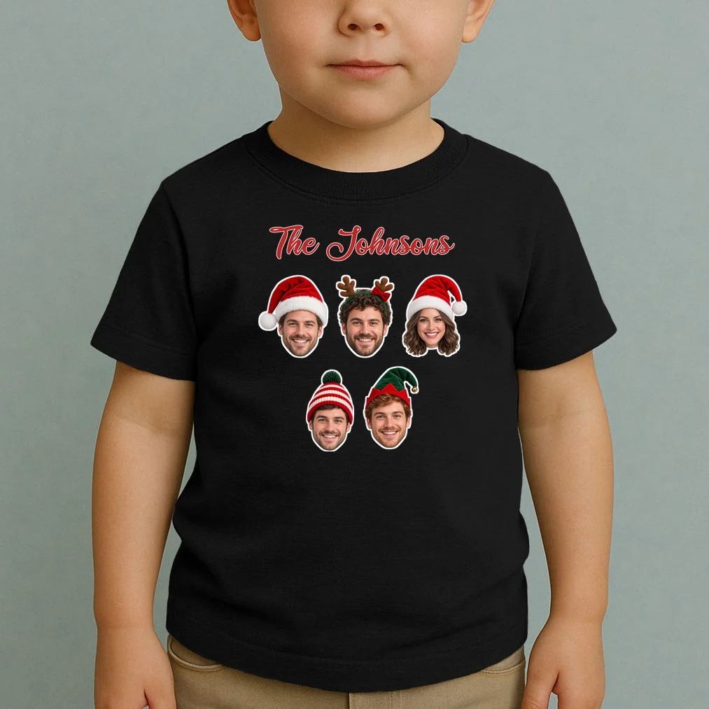 Personalized Christmas Hat Family Faces Toddler T-Shirt - Custom Photo & Name - Front 1