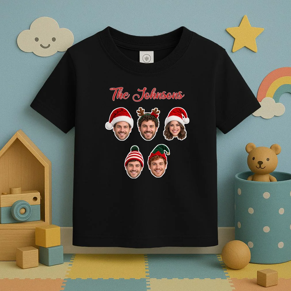 Personalized Christmas Hat Family Faces Toddler T-Shirt - Custom Photo & Name - Front 2