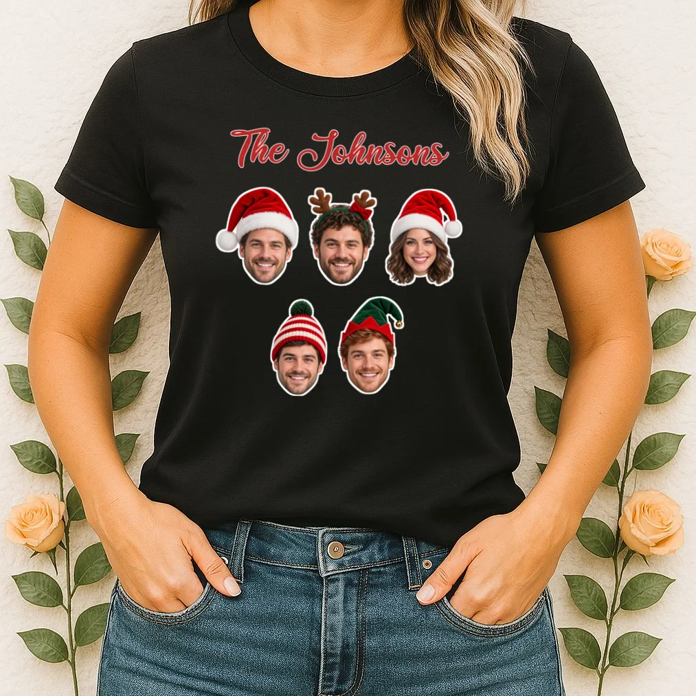 Personalized Christmas Hat Family Faces Women's T-Shirt - Custom Photo & Name - Front 1