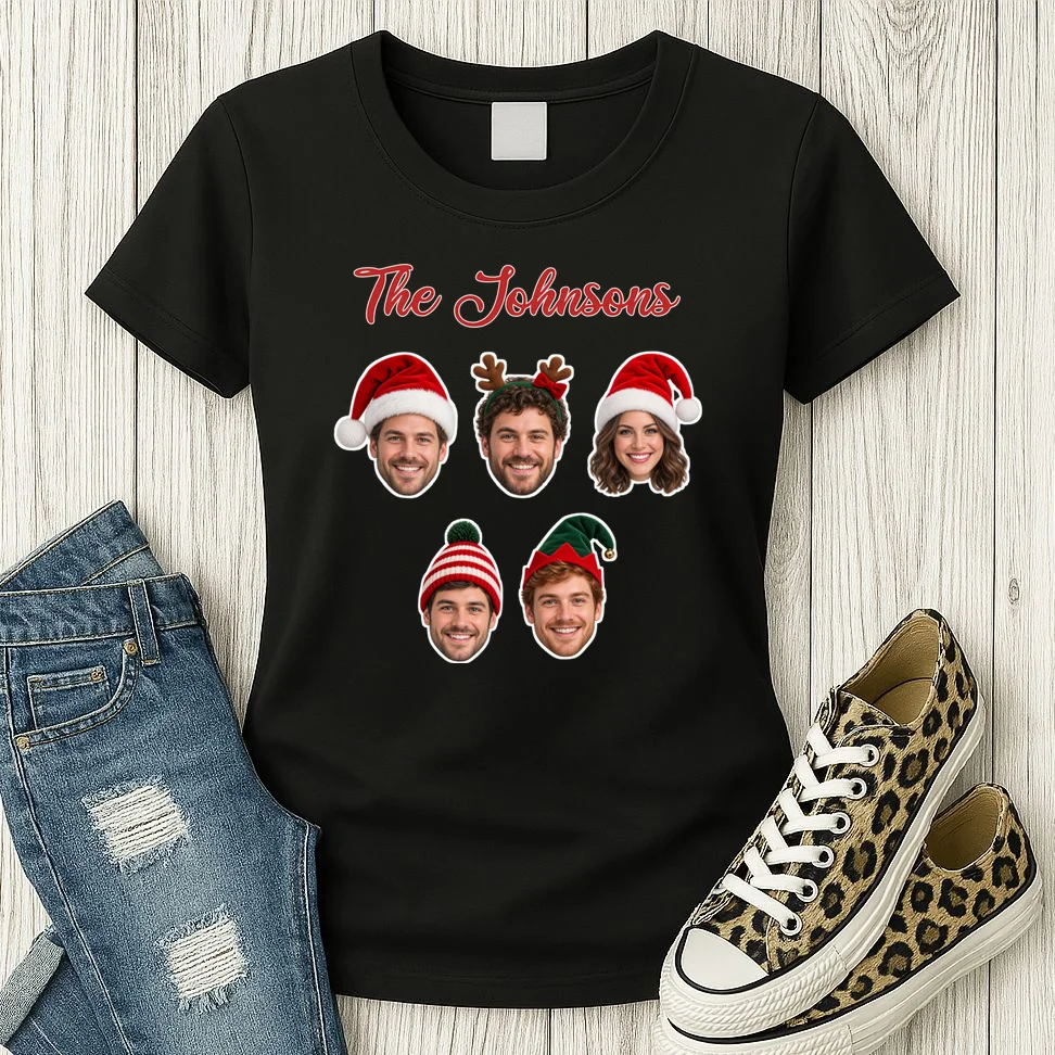 Personalized Christmas Hat Family Faces Women's T-Shirt - Custom Photo & Name - Front 2