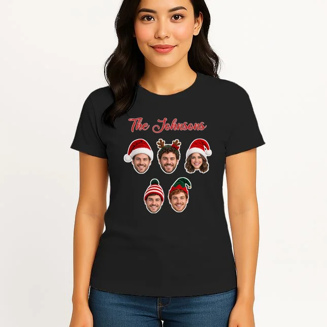 Personalized Christmas Hat Family Faces Women's T-Shirt - Custom Photo & Name - Front 3