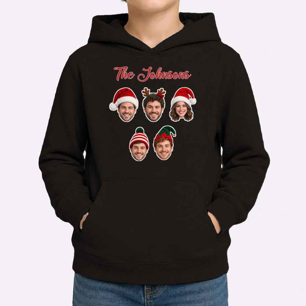 Personalized Christmas Hat Family Faces Kids Hoodie - Custom Photo & Name - Front 1