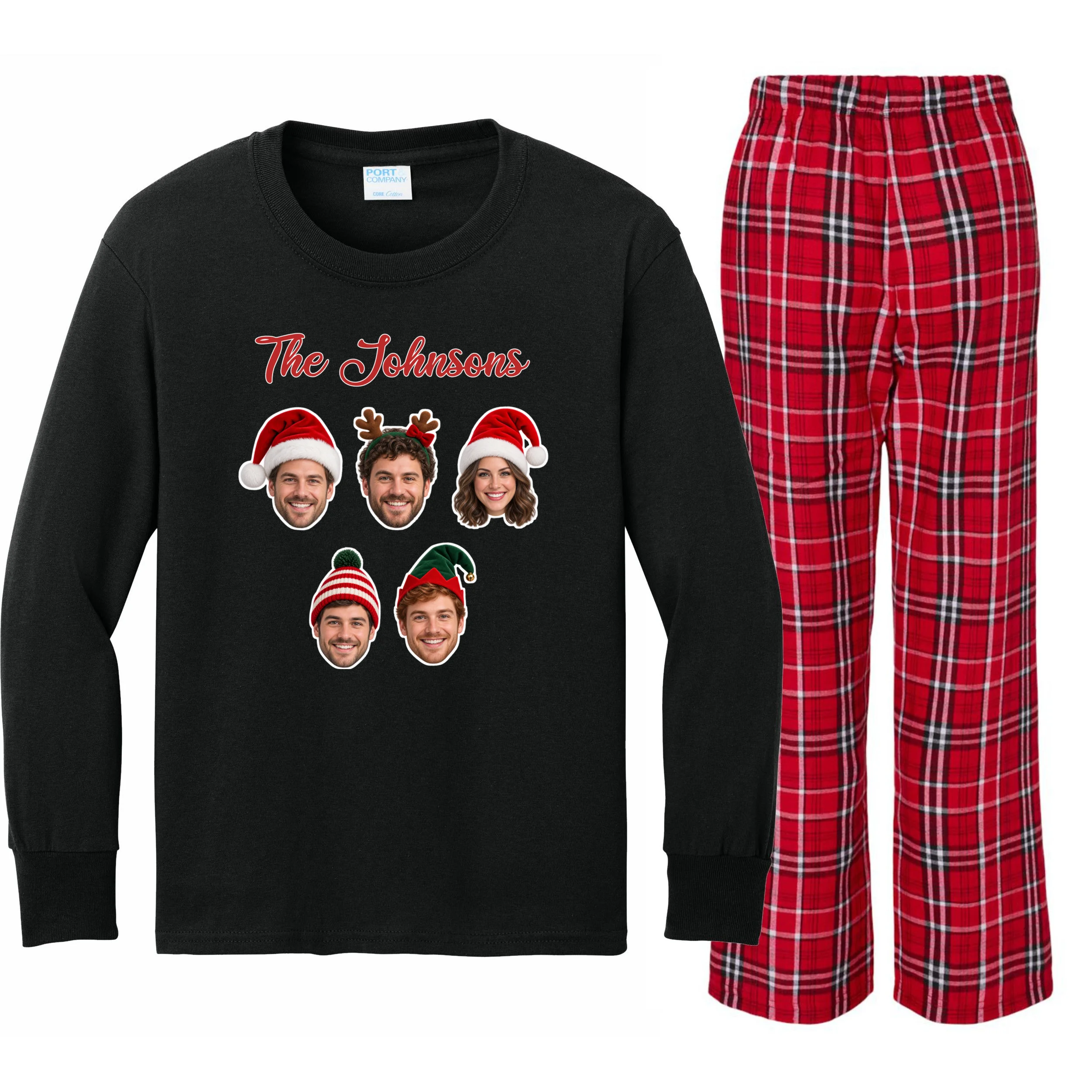 Personalized Christmas Hat Family Faces Kids Long Sleeve Pajamas - Custom Photo & Name Front