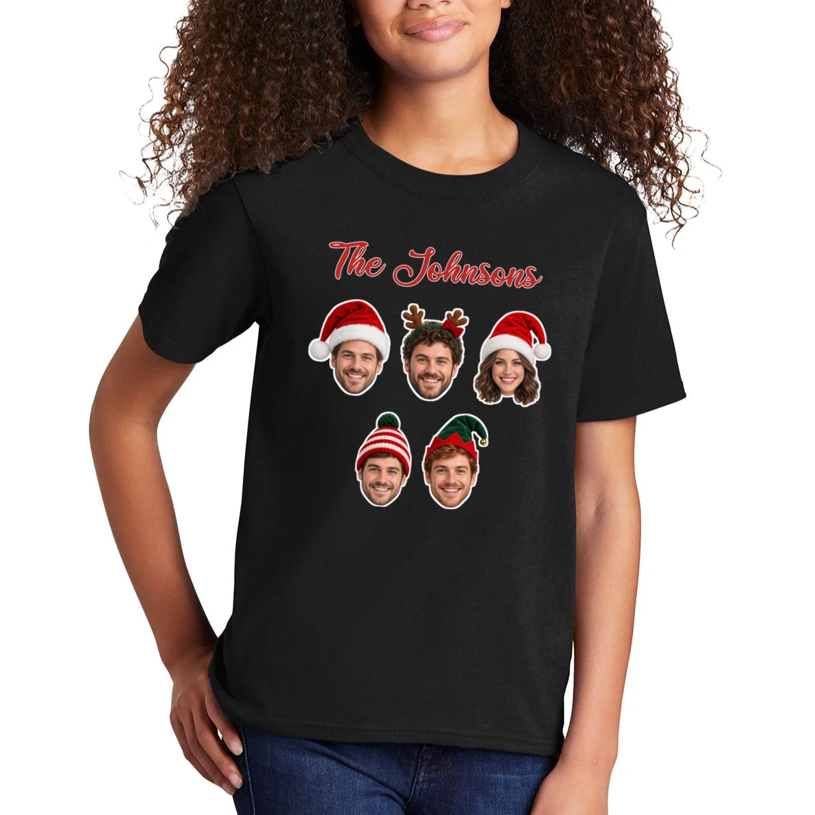 Personalized Christmas Hat Family Faces Kids T-Shirt - Custom Photo & Name - Front 1