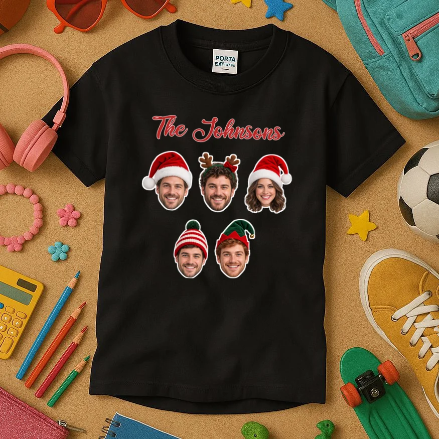 Personalized Christmas Hat Family Faces Kids T-Shirt - Custom Photo & Name - Front 2