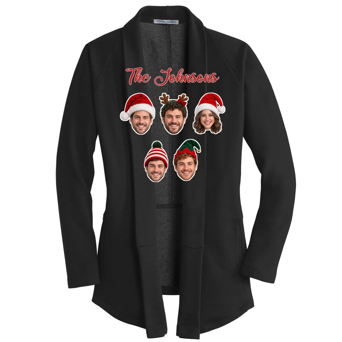 Personalized Christmas Hat Family Faces Women's Cardigan - Custom Photo & Name Front