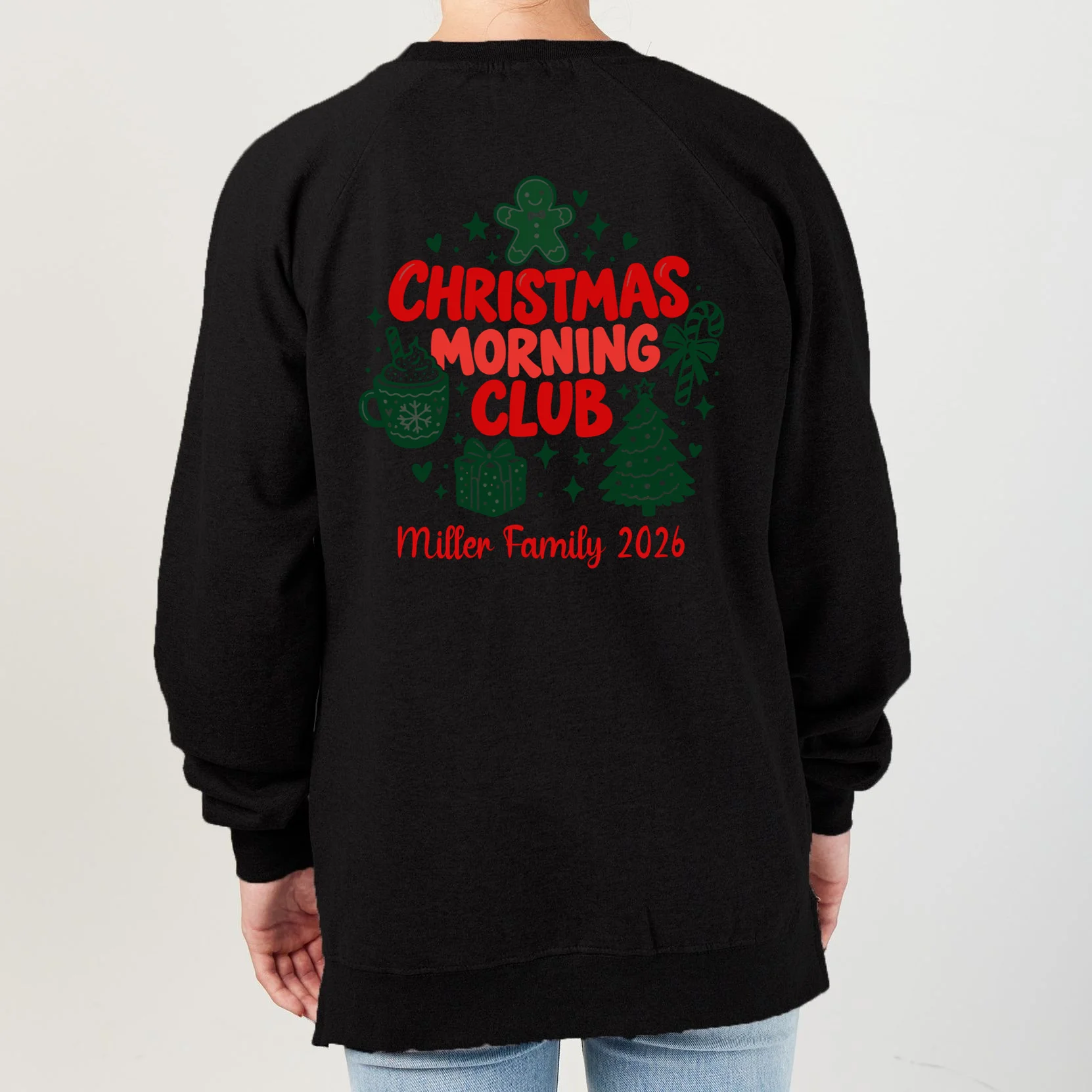 Personalized Christmas Morning Club Family Graphic Women's Sweatshirt - Back - Close-up