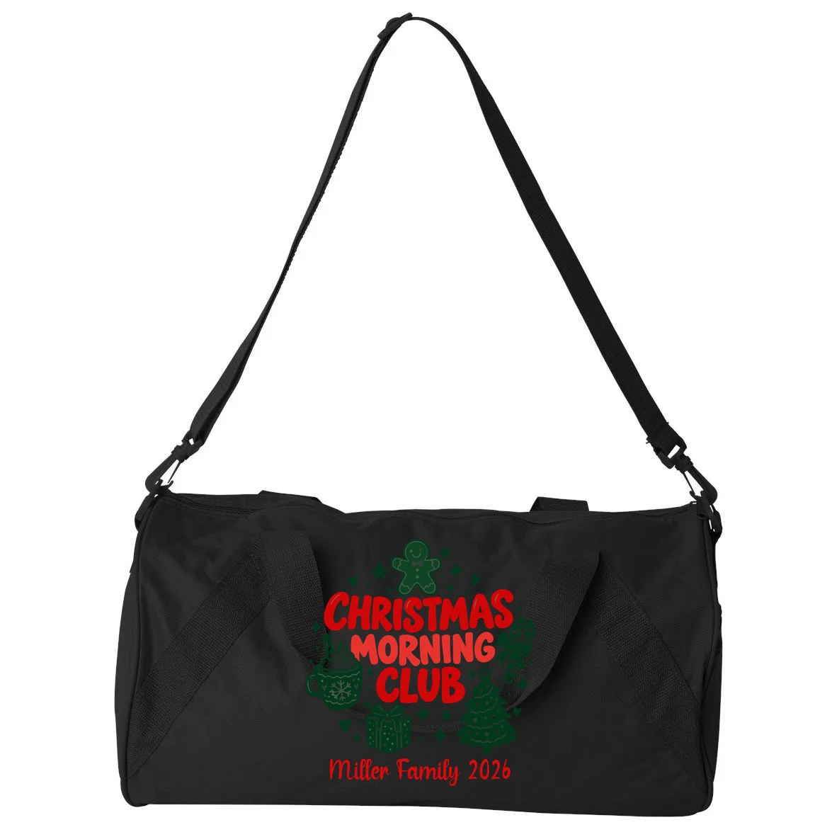 Personalized Christmas Morning Club Family Graphic Duffel Bag - Back - Close-up