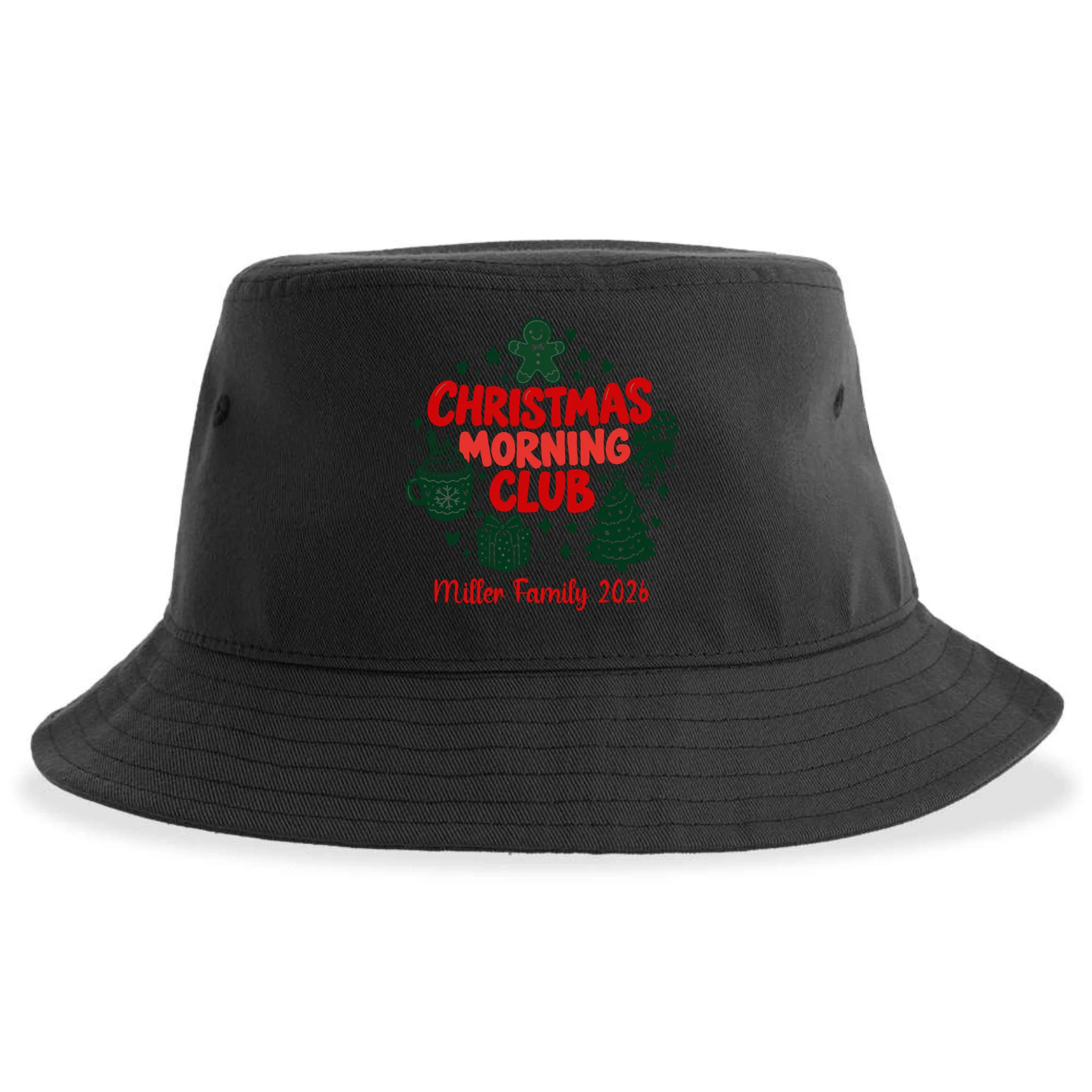 Personalized Christmas Morning Club Family Graphic Bucket Hat - Back - Close-up