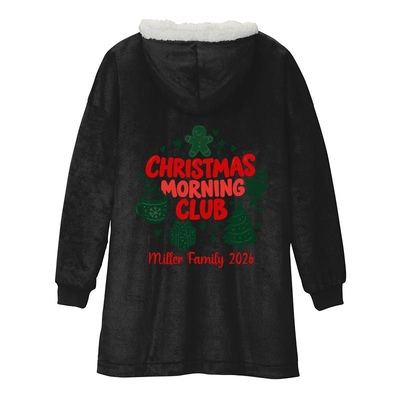 Personalized Christmas Morning Club Family Graphic Hooded Blanket - Back - Close-up