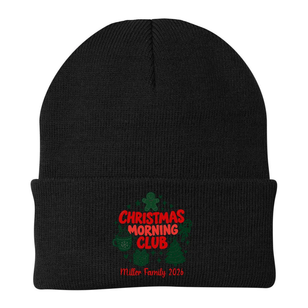Personalized Christmas Morning Club Family Graphic Beanie - Back - Close-up