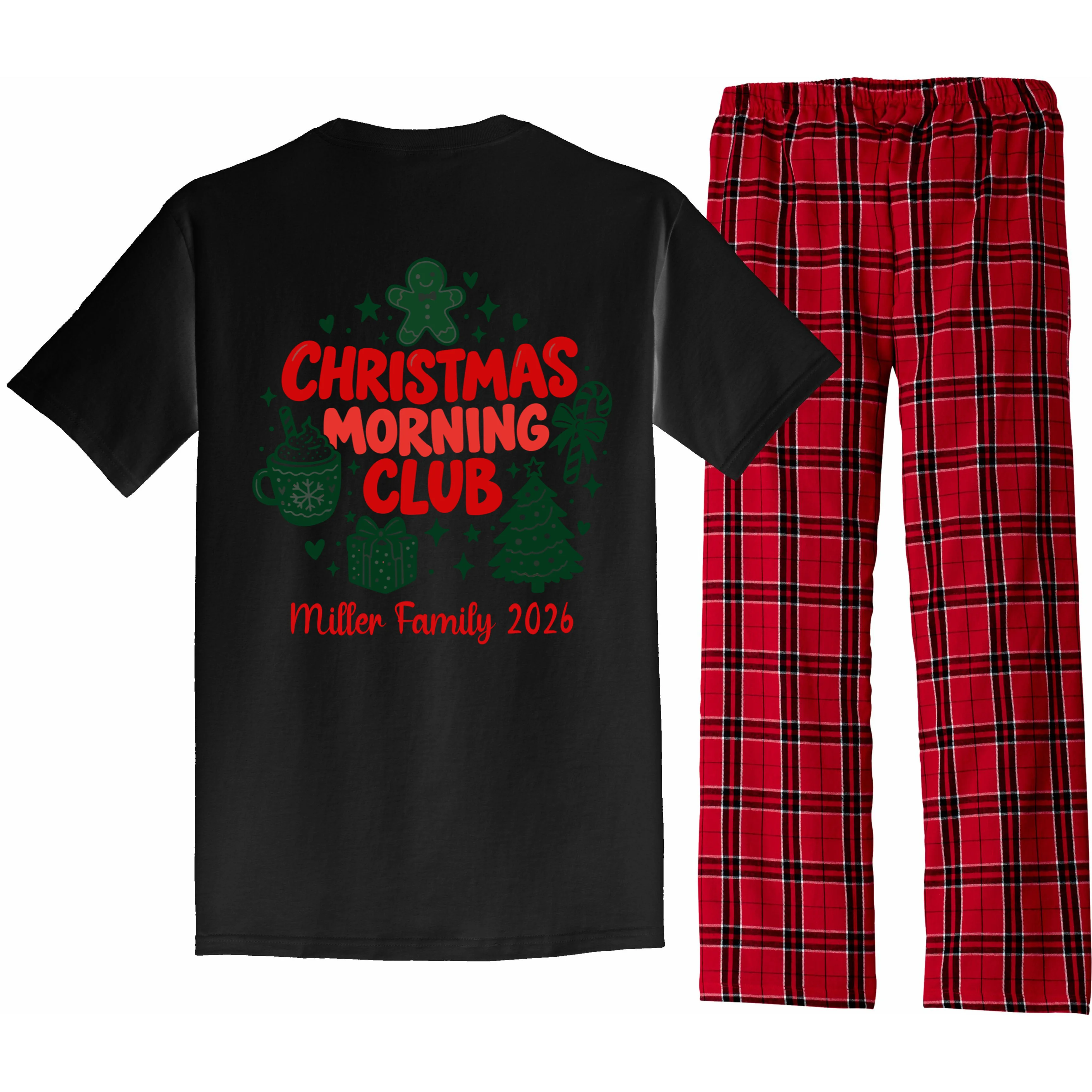 Personalized Christmas Morning Club Family Graphic Men's Pajamas - Back - Close-up