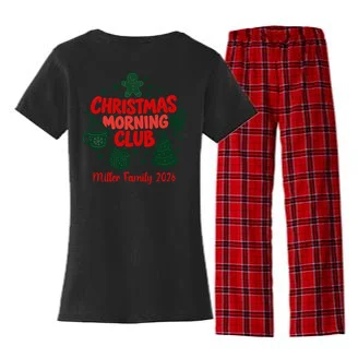 Personalized Christmas Morning Club Family Graphic Women's Flannel Pajama Set - Back - Close-up