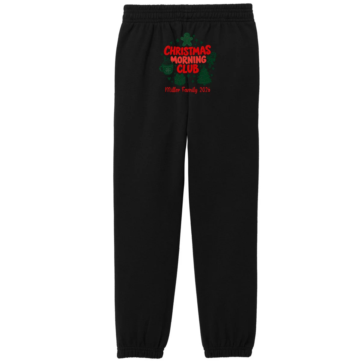 Personalized Christmas Morning Club Family Graphic Kids Fleece Sweatpants - Back - Close-up